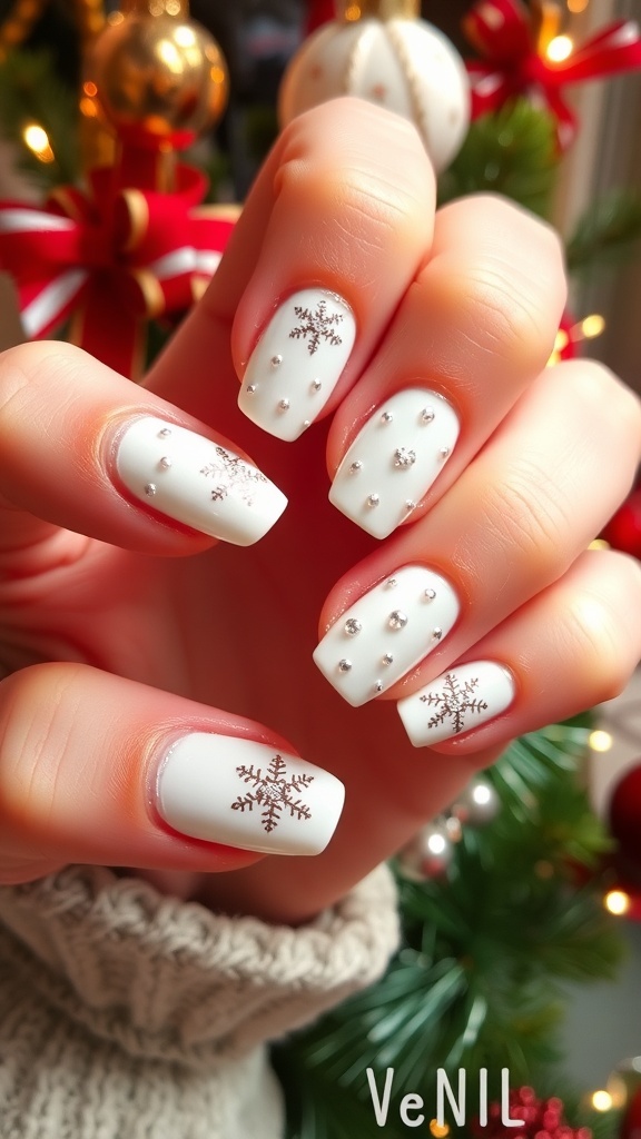 Elegant white Christmas nails with snowflake designs and glitter, set against a festive background.